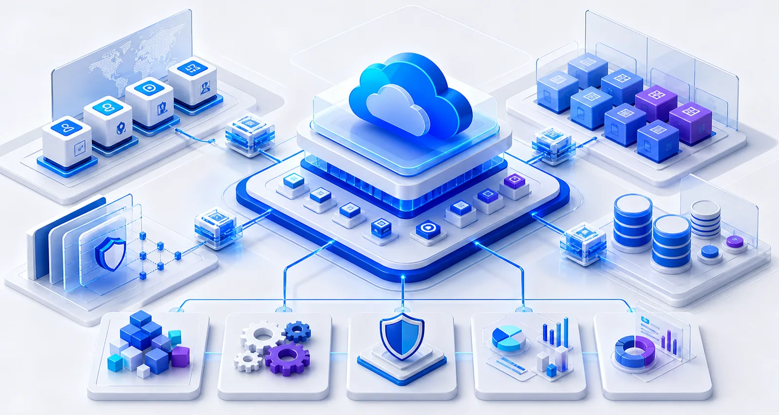 Generated enterprise cloud architecture diagram with connected cloud, application, identity, data, security, monitoring, and automation layers.