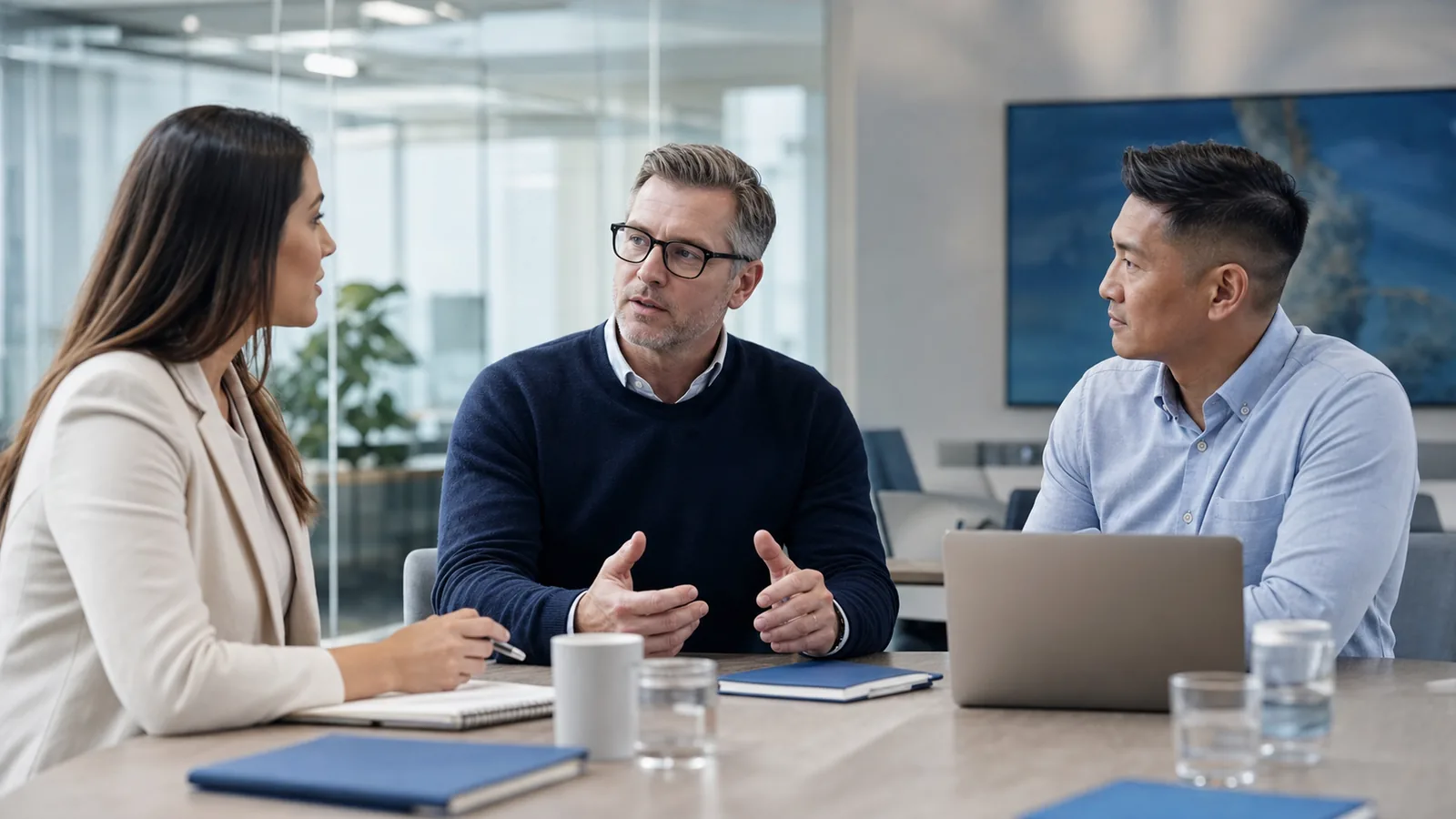 Cloud Arc Solutions consultant leading an executive technology consulting discussion in a modern office.
