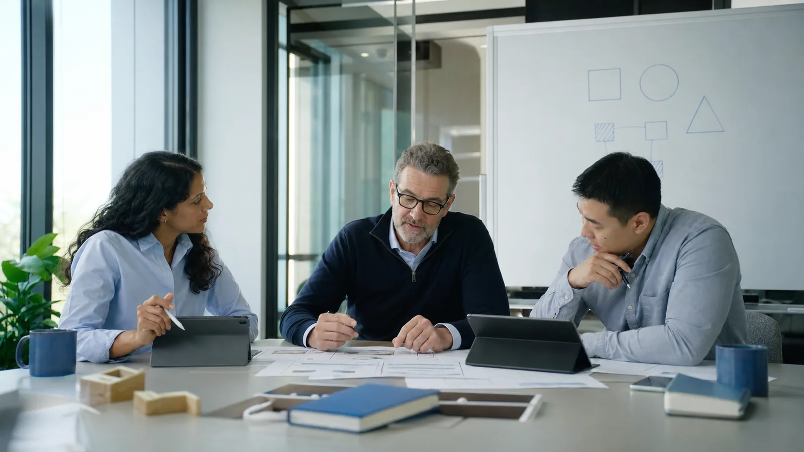 Development team planning a mobile business application workflow around a table with notes and a tablet.