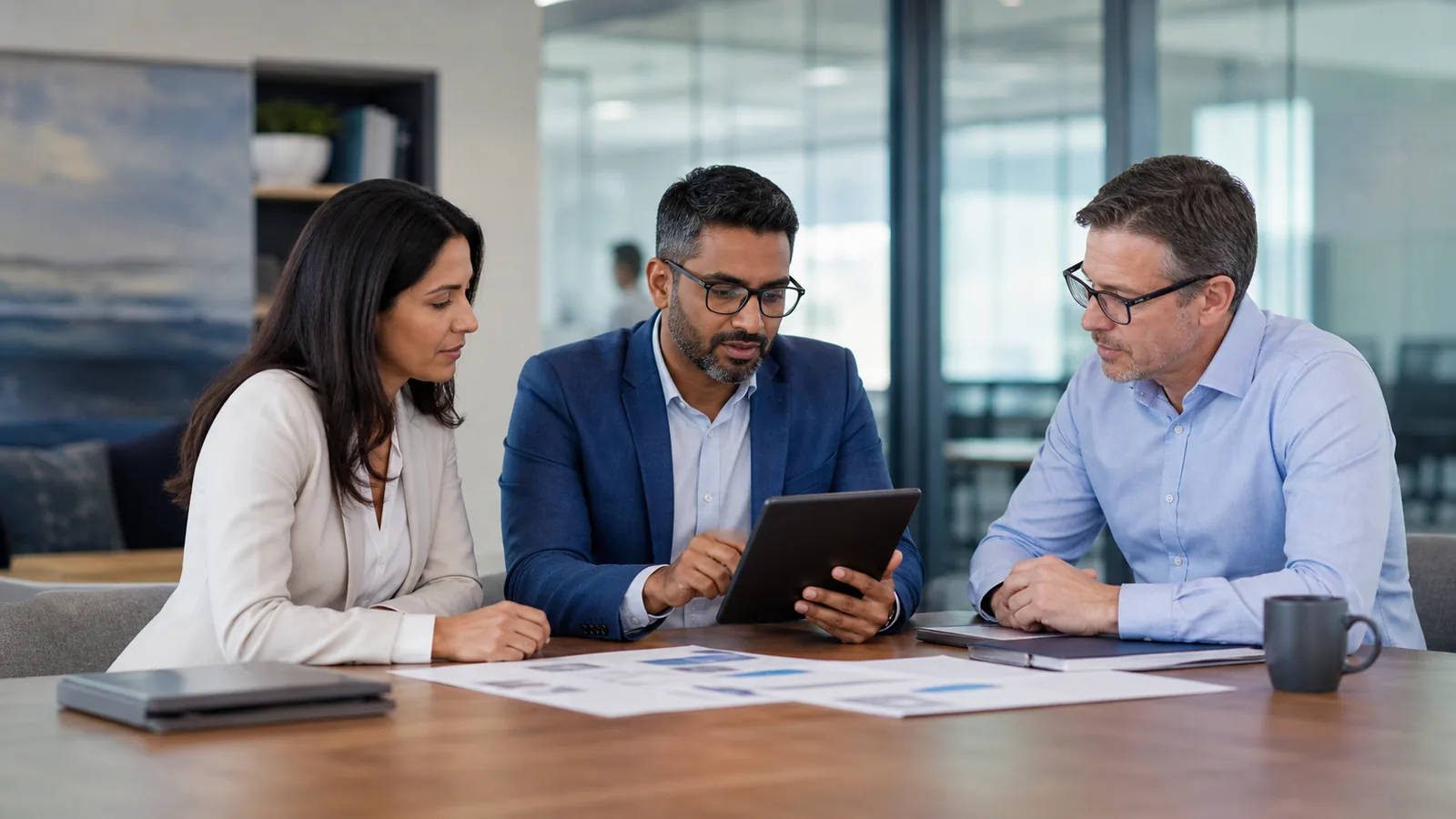 Professional services leaders and consultant reviewing a secure cloud roadmap on a tablet.