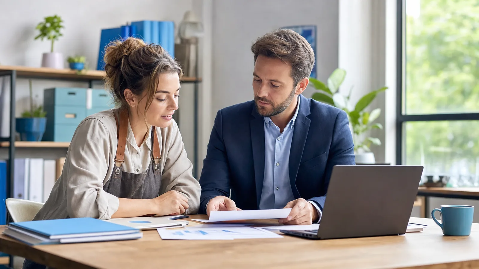 Small business owner and technology consultant reviewing IT planning materials in a bright office.