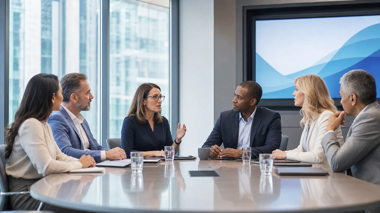 Enterprise leadership team discussing digital transformation strategy in a modern boardroom.