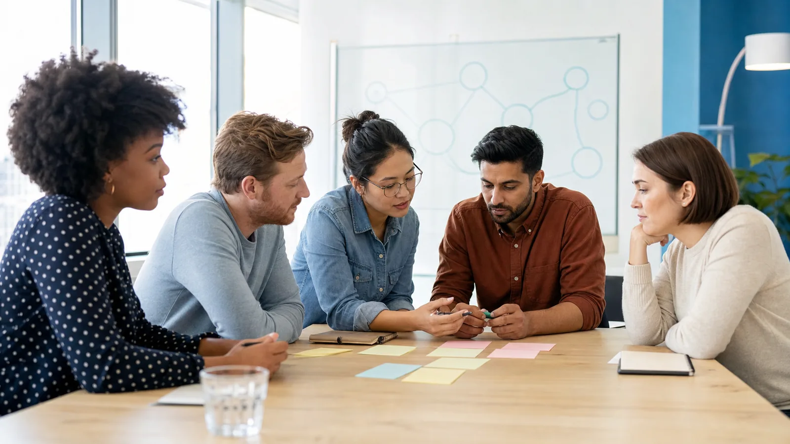 Operations team discussing AI automation opportunities around a table with workflow cards.