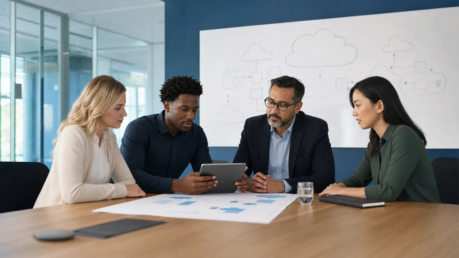 Cloud architects working through an AWS architecture design session on a whiteboard and laptop.