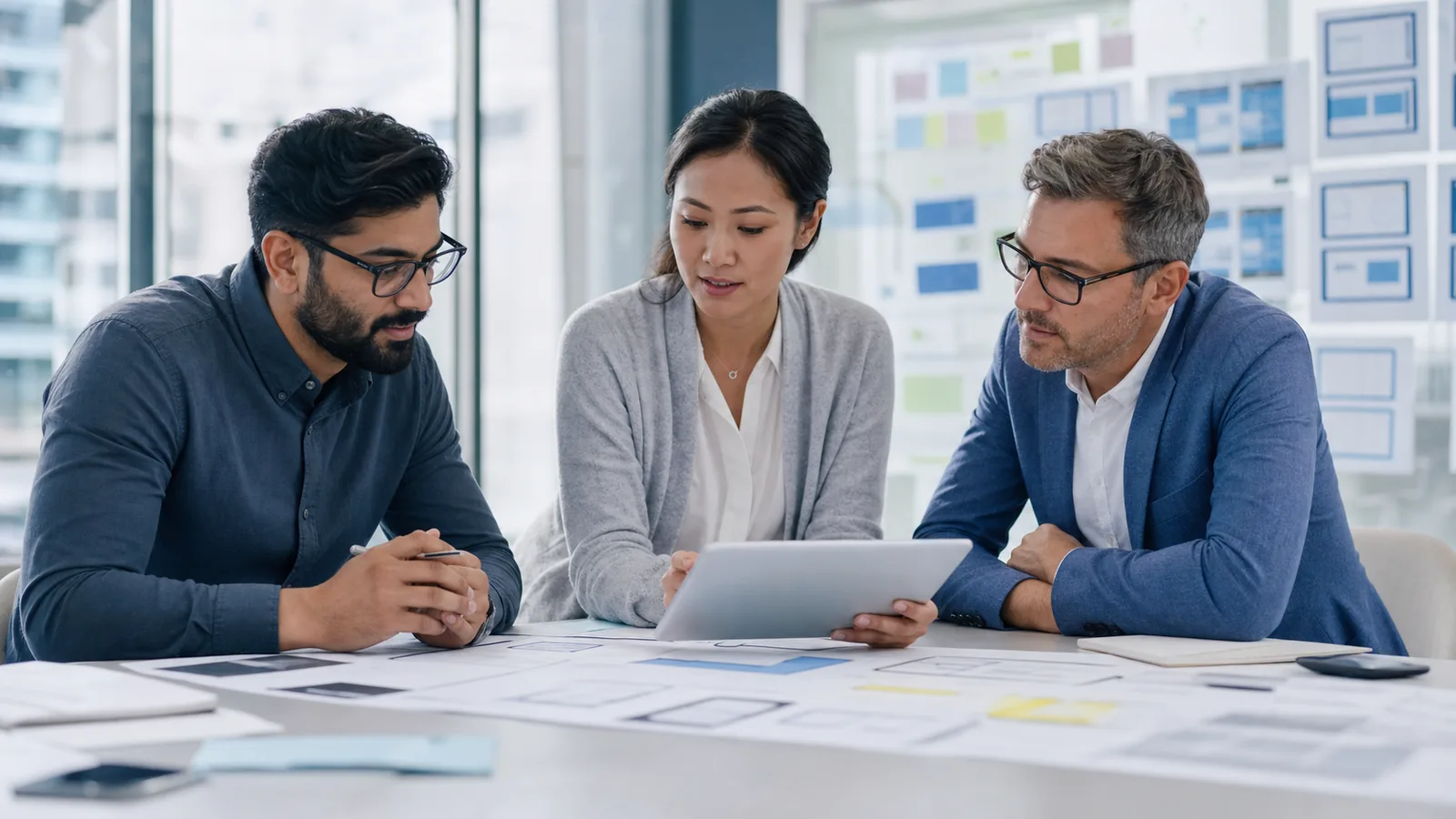 Product manager, software engineer, and consultant reviewing application workflow sketches and tablet.