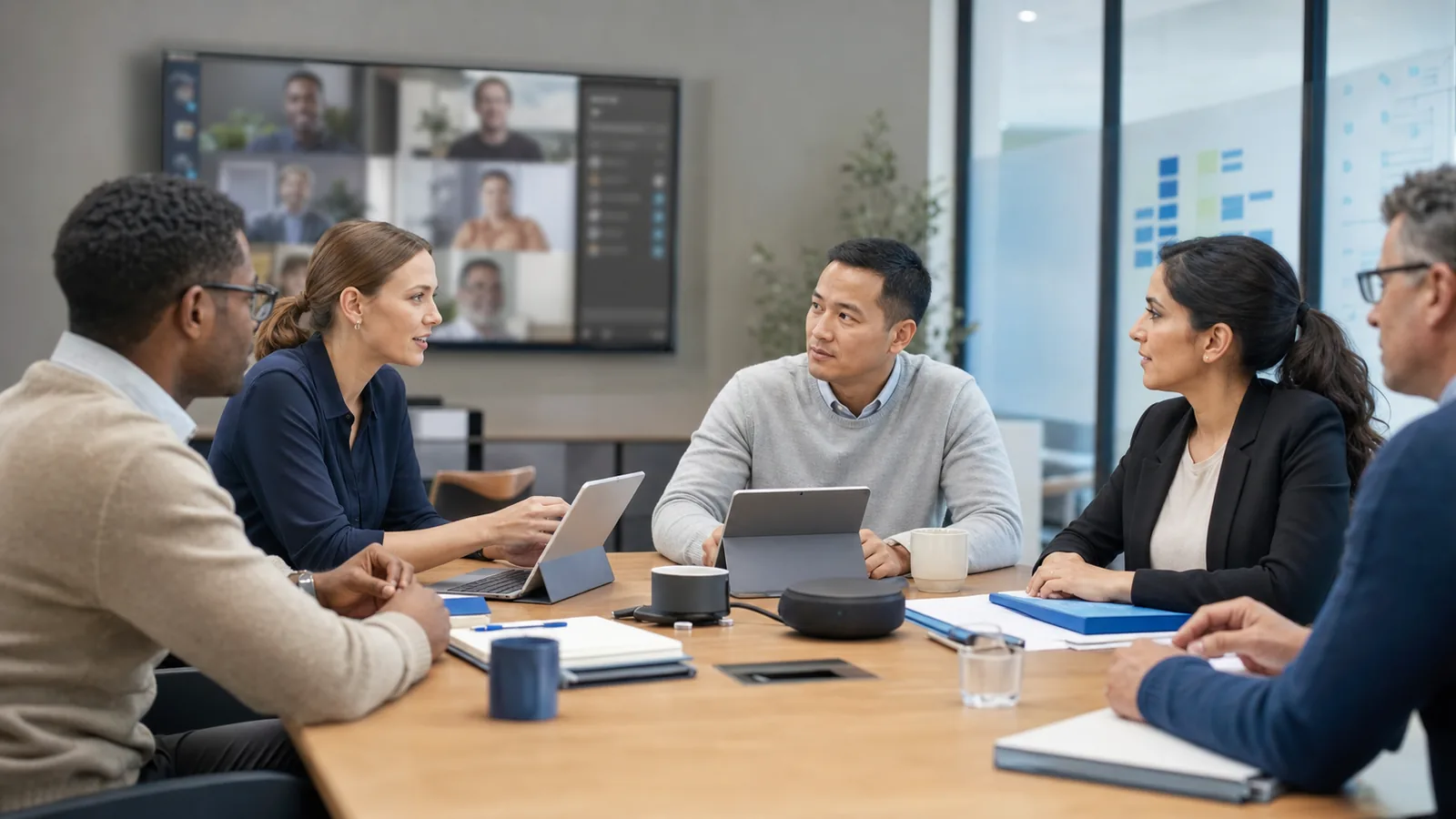 Engineering team reviewing connected software systems and integration workflows across multiple screens.
